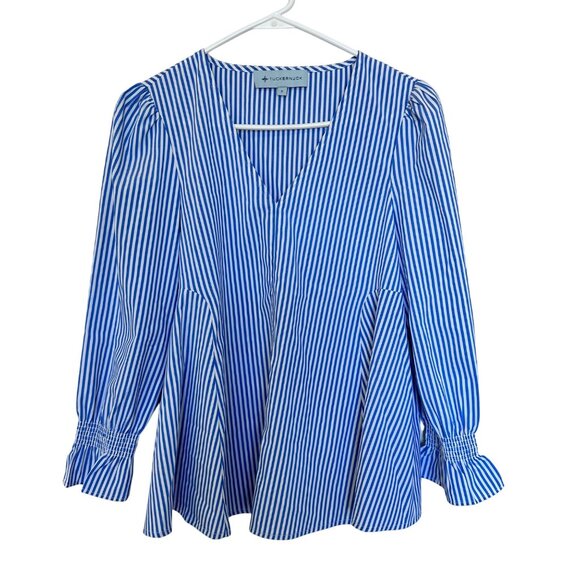 Tuckernuck Womens Blue Stripe Easton Blouse V-Neck Smocked Wrists Size S Preppy - Picture 1 of 10